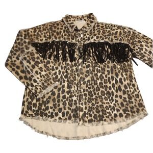 Macaron Women's Leopard Print Denim Shirt Jacket Black Sequin Fringe